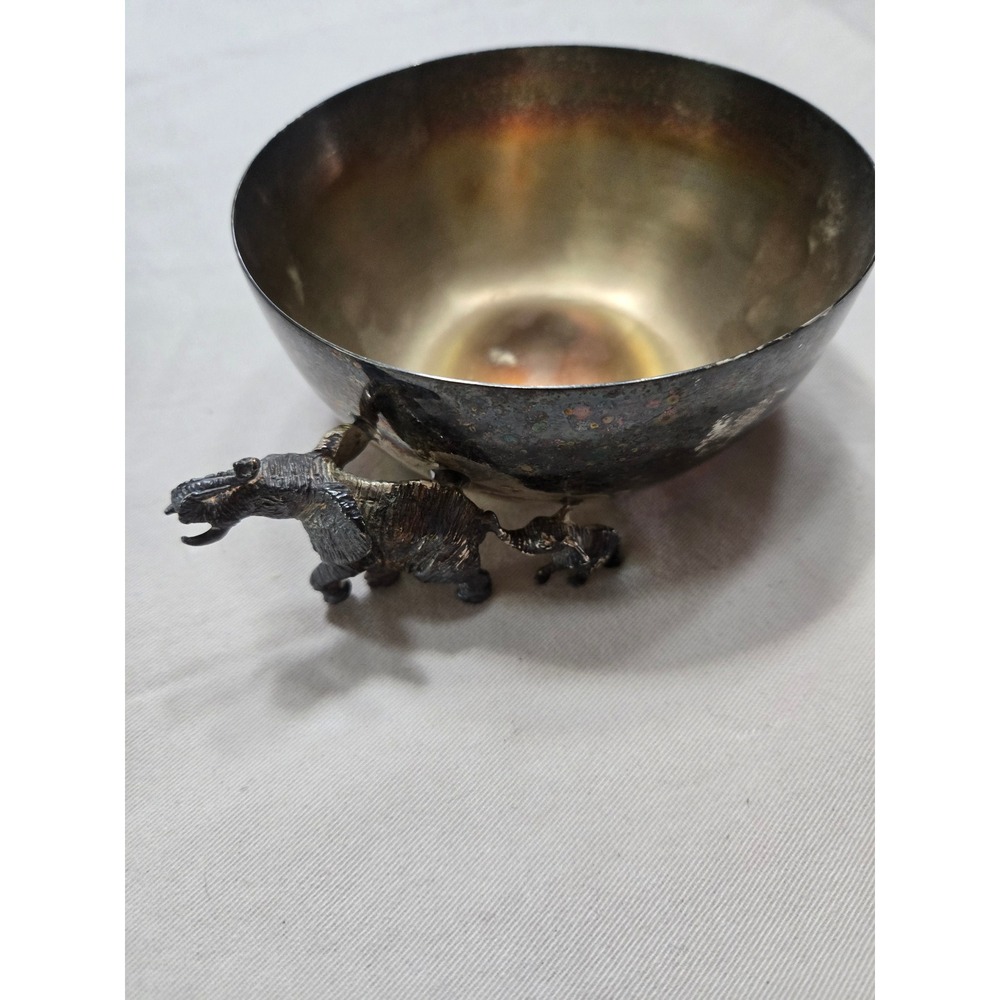 Vintage Hallmarked Silver Tone Metal Bowl with Elephant and Calf Handle
